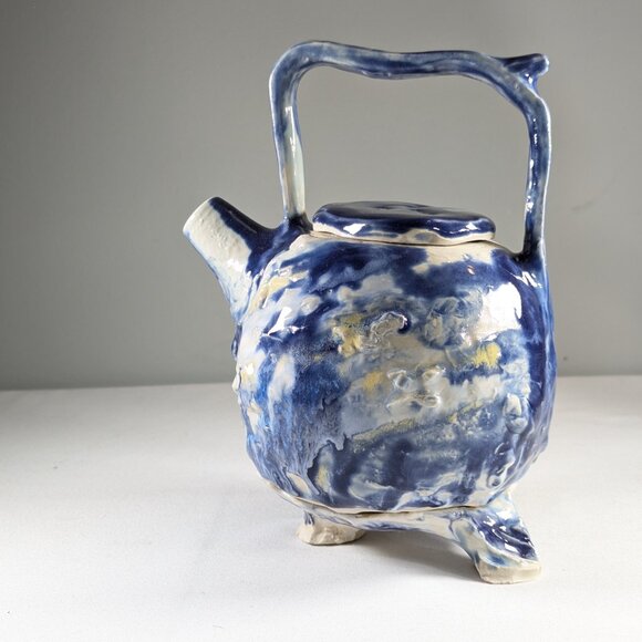 Sassy handmade teapot on stand, hand built ceramic tea pot summer clouds - Picture 5 of 15